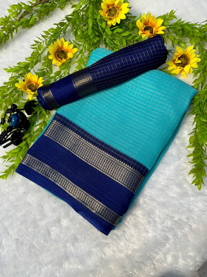 RAAVIENTERPRISE Checkered, Woven Mysore Silk Blend Saree(Light Blue, Purple)