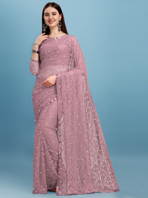 LOROFY Self Design Lucknow Chikankari Net Saree(Pink)