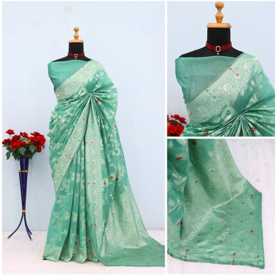 Aviora Floral Print Handloom Cotton Linen Saree(Light Blue)