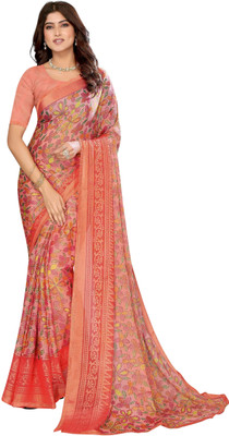 Madhur milan Printed, Floral Print Bollywood Viscose Rayon, Chiffon Saree(Pink)