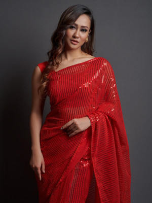 Styli-Nar Creation Embellished Bollywood Georgette Saree(Red)