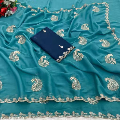 Ethina Fashion Embroidered Bollywood Georgette Saree(Light Blue)