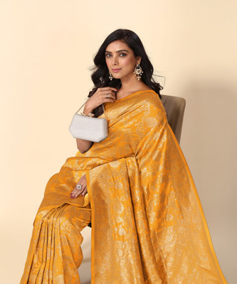 SUBHAM Woven, Embellished Banarasi Silk Blend Saree(Orange, Gold)