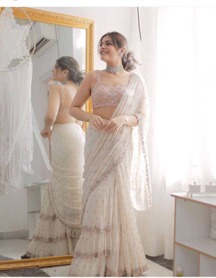 Subhmstore Self Design Bollywood Georgette Saree(White)