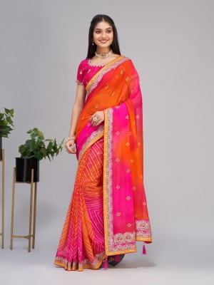 boutique Printed Leheria Chiffon Saree(Pink)