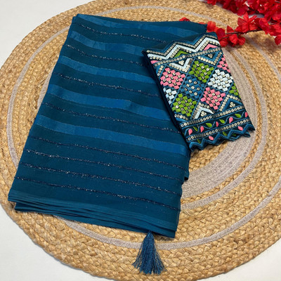 AMIYASILKMILLS Striped Bollywood Georgette Saree(Blue)