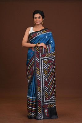 Ramshyam Collection Printed Kantha Pure Silk Saree(Blue)