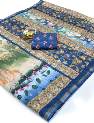 KGM BRAND Printed Kalamkari Cotton Linen Saree(Multicolor)