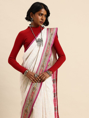 Taavi Self Design Handloom Pure Cotton Saree(White)