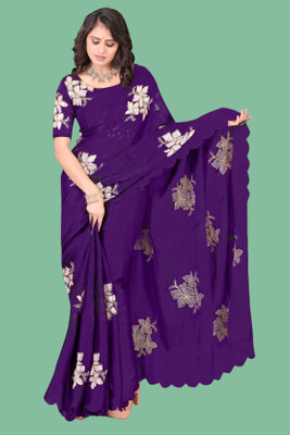 Westeric Floral Print, Embroidered, Embellished Bollywood Chiffon Saree(Dark Green)