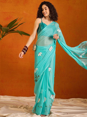 AMRUTKALA SAREES Printed Bollywood Cotton Linen Saree(Light Blue)