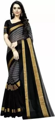 Suali Striped Bollywood Cotton Blend Saree(Black)