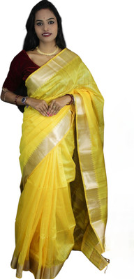 Banerjee Fashion Checkered Mangalagiri Cotton Blend Saree(Yellow)