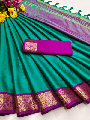 Fashion Club Collection Solid/Plain, Woven, Floral Print Bollywood Cotton Silk Saree(Green)