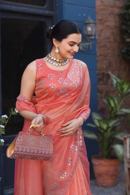 Krishna R fashion Self Design Bollywood Organza Saree(Orange)