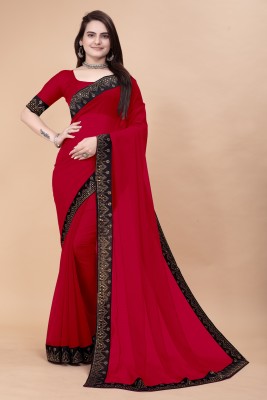 HouseOfCommon Embellished, Solid/Plain, Dyed Bollywood Georgette Saree(Red)