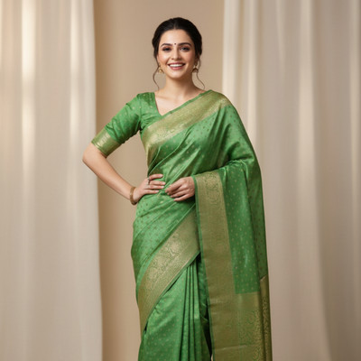EZIESHREE Woven Banarasi Pure Silk Saree(Green)