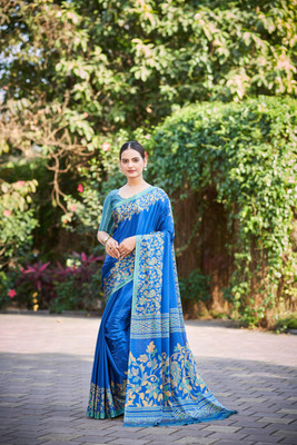 KANDORA Printed Bollywood Crepe Saree(Light Blue)