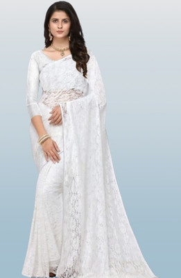 NEXA Solid/Plain Bollywood Net Saree(White)