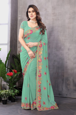KHRITI FAB Embroidered Bollywood Georgette Saree(Light Green)