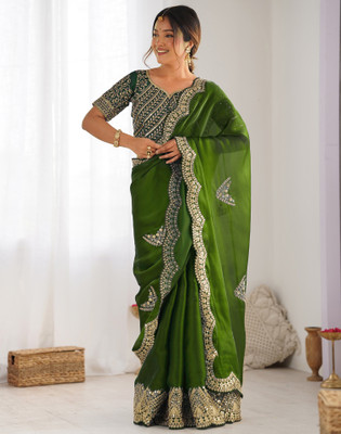 Satrani Embellished, Embroidered Bollywood Organza Saree(Green)