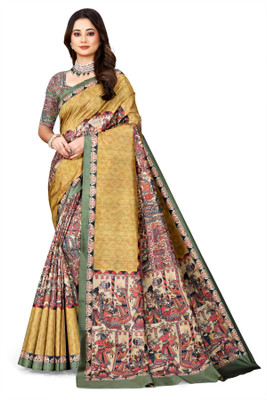 Owlsky Printed Madhubani Pure Silk Saree(Multicolor)