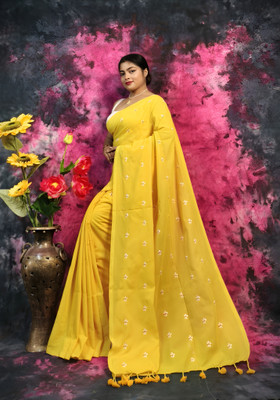Rnn Saree Embroidered Handloom Pure Cotton Saree(Yellow)