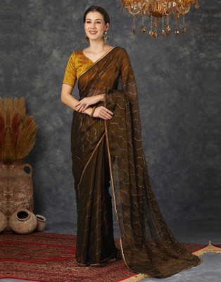 Samah Dyed, Embellished Bollywood Chiffon, Georgette Saree(Brown, Silver)