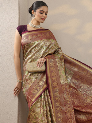LIBAS Woven Daily Wear Silk Blend Saree(Gold, Maroon)