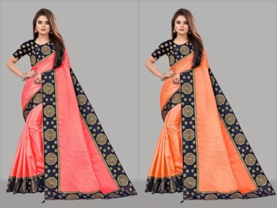 ONTIC LIFESTYLE Self Design Assam Silk Art Silk Saree(Pack of 2, Red, Orange)