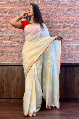 Hatha Karagha Solid/Plain Bhagalpuri Cotton Linen Saree(White)