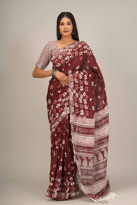 Clothonus Blocked Printed, Hand Painted, Printed, Self Design, Graphic Print Ikkat Pure Cotton Saree(Maroon)