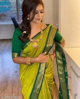 Juhi Collection Woven Banarasi Art Silk, Cotton Silk Saree(Yellow)