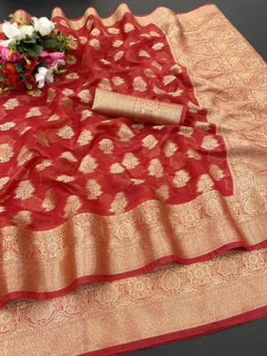 WINKLECART Woven Bollywood Organza Saree(Red)
