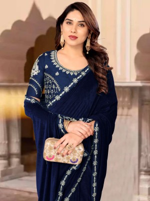 Ashiya Fab Embroidered Bollywood Velvet Saree(Dark Blue)