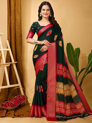 Anouk Rustic Printed Chinnalapattu Silk Blend Saree(Green)