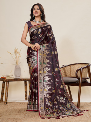 Upalksh Woven Handloom Jacquard, Silk Blend Saree(Brown)