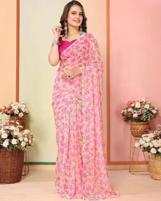 Muskan Collection Printed Banarasi Georgette, Art Silk Saree(Pink, Cream)