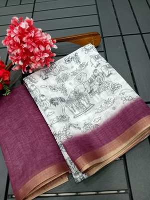 AARAANA Printed Banarasi Pure Silk, Cotton Silk Saree(White)