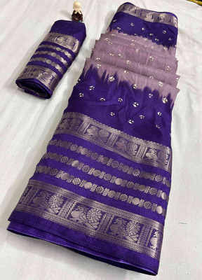 RegalDrapes Printed Bandhani Jacquard, Silk Blend Saree(Purple)