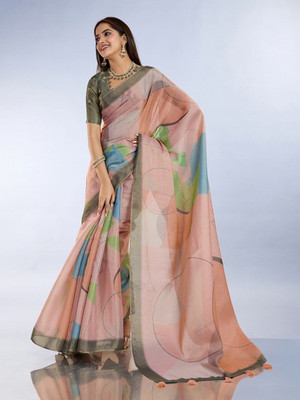 Laxmi Fashion Printed, Floral Print Assam Silk Jacquard, Cotton Silk Saree(Light Blue, Light Green)