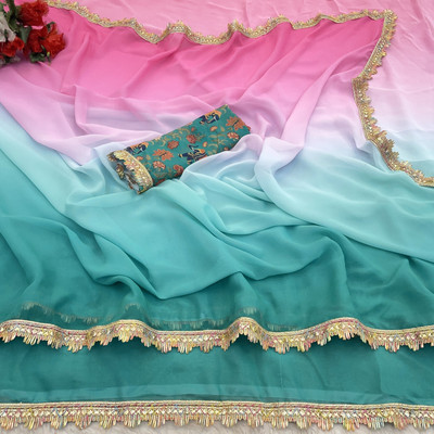 Jumki Fashion Embroidered Bollywood Georgette Saree(Pink, Light Blue)