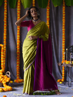 Suta Solid/Plain Handloom Pure Cotton Saree(Green)