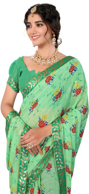 Priyashi Printed Bandhani Georgette, Lace Saree(Green)