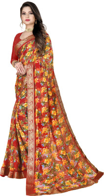 HouseOfCommon Printed Bollywood Georgette Saree(Multicolor, Red)