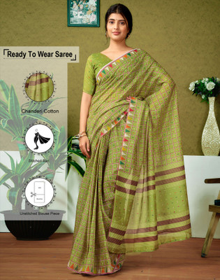 Satrani Floral Print, Geometric Print, Printed Sambalpuri Chanderi, Cotton Blend Saree(Green)