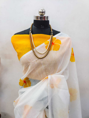 Gajal Printed Kanjivaram Linen, Cotton Linen Saree(White)