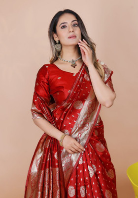 parthfabric Woven Banarasi Art Silk, Jacquard Saree(Red)
