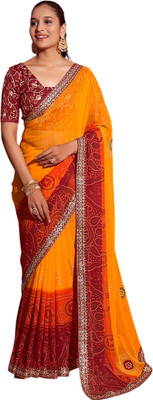 Pranjal Embroidered, Embellished Bandhani Silk Blend Saree(Orange)