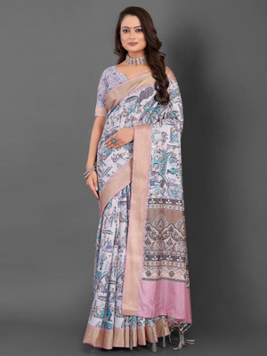 Divastri Printed Daily Wear Silk Blend Saree(White)